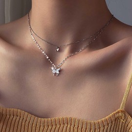 Inilbran Boho Layered Butterfly Necklace Choker Silver Rhinestone Butterfly Pendant Necklace Chain Crystal Butterfly Chain Necklace Sparkling CZ Butterfly Dangle Necklace, Metal, Rhinestone