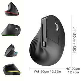 PINKCAT Kabellose Vertikale Maus, 2.4G Led Wiederaufladbare Ergonomische Funkmaus USB Computermaus für Laptop, Mac, Vertical Ergo Maus 3 Verstellbare 1000/1200/1600 DPI (2.4G LED Aufladbar, Schwarz)