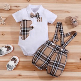 RELABTABY 2pc Baby Boy Cute Summer Cartoon Bear Plaid Romper Bodysuit with Bow + Bib Pants Shorts Set Outfits