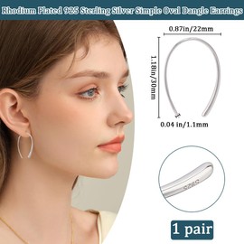 Beebeecraft 1 Box of 1 Pair of Inverted Hoop Earrings, Platinum-Plated, 925 Sterling Silver, Simple Needle Drop, Dangle Threader Hoop Earrings for Women with Light Oval Open Wire Earrings