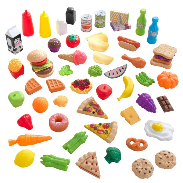 KidKraft 65-Piece Plastic Play Food Set for Play Kitchens, Fruits, Veggies, Sweets, Drinks and More, Gift for Ages 3+
