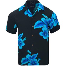 Favant Tropical Luau Beach Hibiscus Floral Print Men’s Hawaiian Aloha Shirt (XX-Large, Black/Blue)