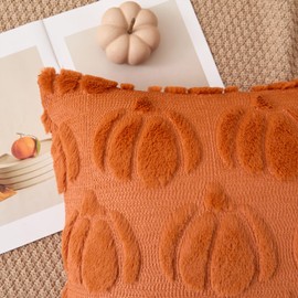 Kevin Textile Fall Pillow Covers 18x18 Inch Set of 2 Soft Pumpkins Decorative Square Pillowcases Plush Autumn Faux Fur Cushions Harvest Gift for Couch Sofa Chair Bedroom Home Decor, Brown