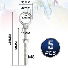 Socpuro Eye Bolts, Long Length, Long Eye Bolts, M6 x 60 mm, M8 x 80 mm, Hanging Eye Nuts, Set of 5, Stainless Steel Hanging Bolts, Woodworking, Reinforcement, Auxiliary, Hardware, DIY Work, Eye Bolts