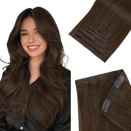 HOTBANANA Invisi Edge Clip in Hair Extensions, 20inch 110g 7Pcs Injected Seamless Clip in Extensions Real Human Hair Chocolate Brown PU Hair Extensions Straight Hair