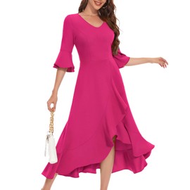 HomRain Women's Formal Dresses 3/4 Sleeve Cocktail Dress Vintage Ruffle V-Neck Wedding Guest Casual for Gown Evening Party Rose XL