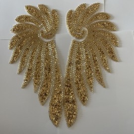 2pcs/1 Pair Golden Heavy Embroidery Beaded Wedding Neckline Decorative Lace Patches Applique Sew on Sequins Beads for Dress DIY
