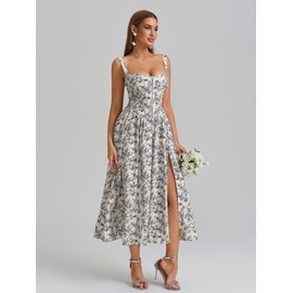 KUTUMAI Floral Corset Midi Dress Flowy Slit Summer Spring Wedding Guest Dresses for Women Sundress with Pockets BlueFloral XL