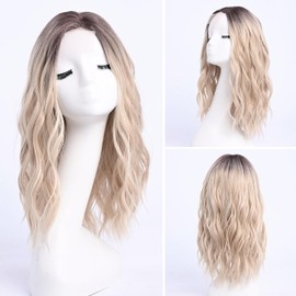 YaissmyLu Middle Length Ombre Blonde Wavy Wigs for Women 18 Inch Middle Part Blond Wavy Wig Medium Natural Looking Synthetic Heat Resistant Fiber Wig for Daily Party Use (18 inch)