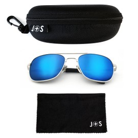 J+S Premium Military Style Classic Aviator Sunglasses, Polarized, 100% UV protection for Men Women (Square Frame - Silver Frame/Blue Mirror Square Lens)