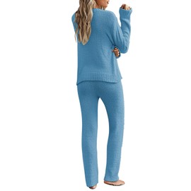 luvamia Women's Casual Solid Color Pajama Sets Long Sleeve Tops And Pants Long Pj Sets Joggers Loungewear Sleepwear Nightwear Womens Pajama Sets Blue X-Large