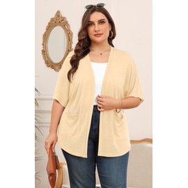 Wiwclo Short Sleeve Cardigans for Women Lightweight Summer Cardigan Kimono Casual Loose Beach Cover Up Curved Hem with Pockets, A04-apricot, L