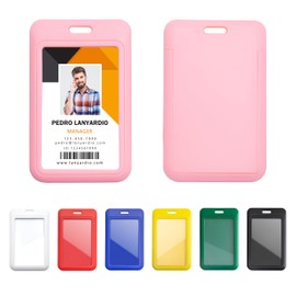 Lanyardio 1 Pack Sliding Vertical ID Badge Holder Hard Pink Plastic Card Case Protector Pouch with Clear Window for Office School ID Credit Cards and Proximity Key Cards