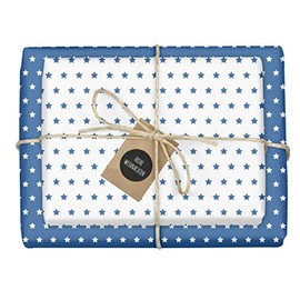 dabelino® 4 x two-tone wrapping paper "Christmas: stars blue-white" + 4 x tags (double-sided sheets DIN A2, eco-recycled paper)