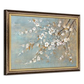 Floral Canvas Wall Art Framed: Rustic Flower Painting Gold Foil White Plum Tree Blossom Picture Vintage Hand-Painted Artwork for Living Room Bedroom Home Office