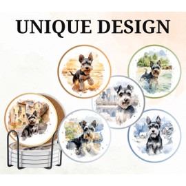 Schnauzer Gifts, Ceramic Coaster, Set of 6, with Gift Box, Absorbent with Cork Base, Home Decor for Family, Housewarming, Thanksgiving, Birthday and Christmas