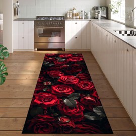 Rose Runner Hallway Rug, 2x7ft 3D Red Rose Hallway Carpet, Washable Living Room Carpet, Comfortable Romantic Bedroom Bedside Balcony Home Interior Decoration Non-Slip Large Rug - Black