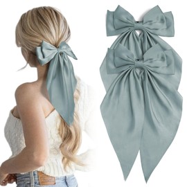 2Pcs Blue Gray Hair Bows Long Tail Satin Bow Hair Clips Large Silky Ribbon Bow for Hair Ponytail Holder with Metal Clip Coquette Hair Barrettes Accessories Gifts for Women Girls