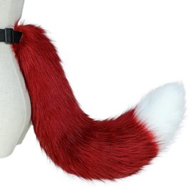 ILUFAM Fluffy Faux Fur Wolf Fox Tail Animal Tail Cosplay Fancy Dress Anime Dress Up Party Accessories (Wine Red&White)