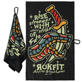 RokFit Gym & Golf Towel – Multi-Use, Quick-Dry, Durable Utility Towel with Bold Graphic and Carabiner Clip (Rise Stronger, Strike of Fate)