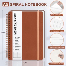 ABERLLS Brown Lined Spiral Journal Notebook with 160 Pages, 8×5.7in, A5 Spiral Notebook, Journaling Notebooks for Work, School, Women, Men, College Ruled Spiral Notebook, Hardcover Leather Journals