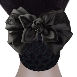 Black Rose Bowknot Hair Snood with Clip Flower Hairnet Clip Barrette Professional Female Hair Clip Bun Cover for Bank Hotel Restaurant Airline Staff