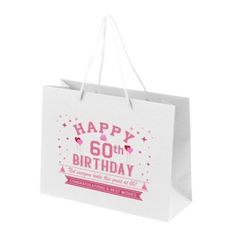 60th Birthday Gift Bag - White Paper with Rope Handles - Eco Friendly Large Gift Bag - Looks Great - Pink