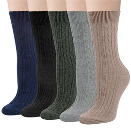 Loritta Pack of 5 Womens Wool Socks Winter Warm Thick Knit Soft Vintage Casual Crew Boot Socks Gifts,N-solid Color Vertical Stripes Pattern 02