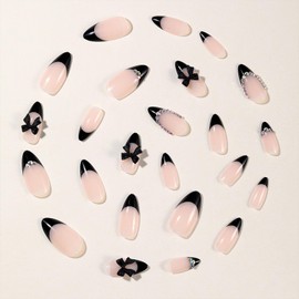 French Tip Press on Nails Almond Fake Nails with Designs Medium Artificial Nails Black Bow Rhinestone Charms Glue on Nails Full Cover Acrylic Nails Stick on Nails for Women 24 Pcs