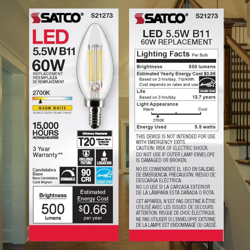 Satco Lighting S21273-5.5 Watt B11 LED Clear Dimmable Light Bulbs