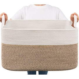 Goodpick Large Woven Blanket Basket, 21.6" x 14.9" x 11.8" Storage Baskets for Organizing, Rectangle Cotton Rope Toy Basket for Living Room, Bedroom, White & Brown