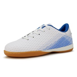 Hawkwell Unisex-Child Athletic Lace Up Boys Girls Firm Ground Indoor Trainer Soccer Shoe, White PU, 11.5 M US