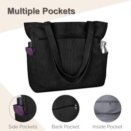 Kememo Corduroy Tote Bag for Women with Zipper, Large Shoulder Bag Hobo Handbag Tote Purse for Work Shopping Travel Gym Vacation, Black