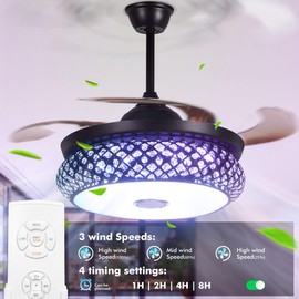 A Million 42" Retractable Ceiling Fan Chandelier with Light and Bluetooth Speaker, Modern 7 Color Change Crystal Ceiling Fan Light Remote Control Retractable ABS Blades for Bedroom