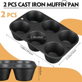 Reallnaive 2 Pcs Cast Iron Muffin Pan Pre Seasoned 6 Cup Muffin Tin Nonstick Cupcake Biscuits Cookie Cheese Pans Cast Iron Cookware for Stove top Oven, Black