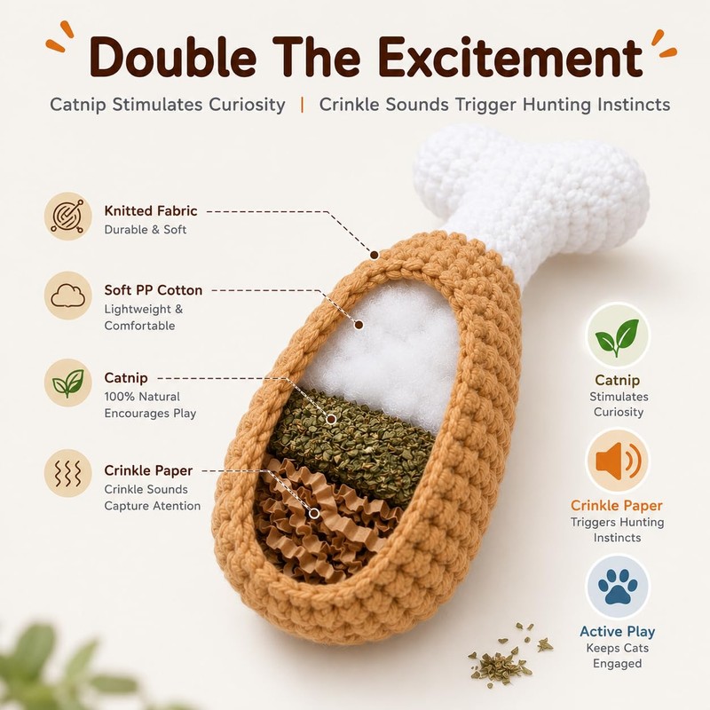 Zasle Handmade Crochet Cat Toy, Catnip & Crinkle Drumstick, 2