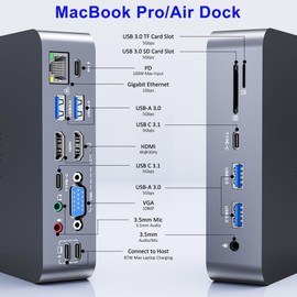 18-in-2 MacBook Docking Station Dual 4K Monitor for M1-M5 Pro/Max, USB C Docking Station with 100W Power Delivery, MacBook Dock with 2 HDMI, VGA, 6 USB, 1Gbps RJ45, USB 3.0 SD/TF, Audio