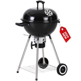 GREEN PARTY 18 inch Kettle Charcoal BBQ Grill with Wheels, Portable Charcoal Grill with Porcelain-Enameled Lid & Ash Catcher for Outdoor Cooking Barbecue Camping Picnics Tailgating