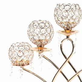 5 Arm Antique Gold Candelabra Centerpieces with Crystal for Wedding Tables,24.4 inches Tall Metal Candlestick Candle Holders for Christmas Party Dinner Formal Event Decoration