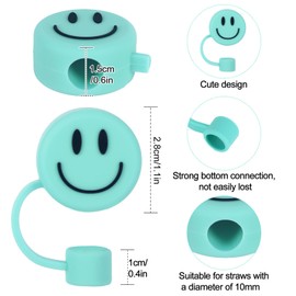 Whaline 6Pcs Smiling Face Straw Covers Mint Green Silicone Reusable Straw Topper Double Sided Pattern Straw Tip Covers 10mm 0.4 Inch for 30 & 40 OZ Tumbler with Handle