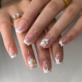 YoYoee 24-Piece Short Square Press on Nails - French Small flowers False Nails | Cute Nude Fake Nails for Women Elegant & Durable Artificial Nails for Instant Manicure