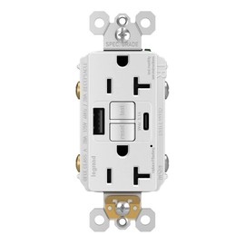 Legrand - Pass & Seymour Radiant GFCI Outlet with USB Ports, Tamper-Resistant White GFCI USB Outlet, 120 Volt Wall Outlet with USB Ports Fast Charge with Type A/C USB, 2097TRUSBACW, 1 Count