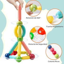 Juguetes Magnéticos, 64 Pcs Juguetes de Bloques de Construcción Magnéticos,Varillas Ladrillos Magnéticas Bloques Magnéticos Juguetes Construccion 3D, Juego de Apilamiento, Regalo para Niño Niña