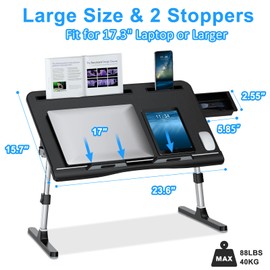 Laptop Bed Desk - 2 Stoppers, EVETTO PVC Leather Bed Table with Adjustable 5 Heights & 4 Angles, Foldable Large Bed Desk for Laptop with Drawer for Bed/Couch/Sofa/Floor, Black 23.6"*15.7"