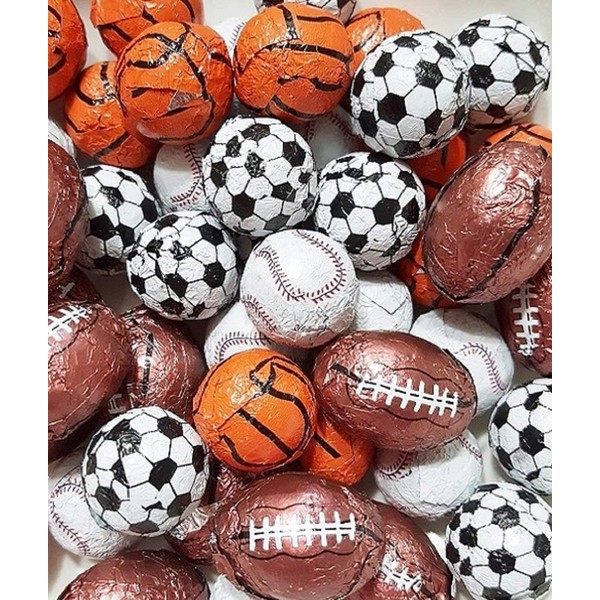 Foiled Sports Balls Premium Solid Milk Chocolate Mixed - Baseballs, Basketballs, Footballs, Soccer Balls - 2 Lb Bag - 166 Pcs