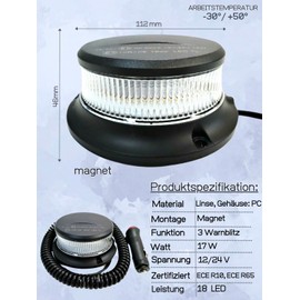 Orange White 18 LED Rotating Light 3 Flash Patterns 12 V 24 V ECE R65 R10 E9 Magnet