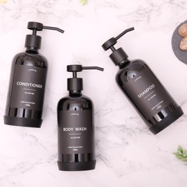Janxin Refillable 600ml Shampoo Bottles, Shower Dispenser with Waterproof Labels (Amber Bottles + Black Pumps), 3-Piece Set