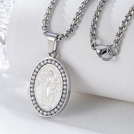 Yaumatea St. Raphael Necklace, Patron Saint of Travelers & Blind, Protection Medal, Catholic Gift, Stainless Steel 24" Chain (D:Silver)