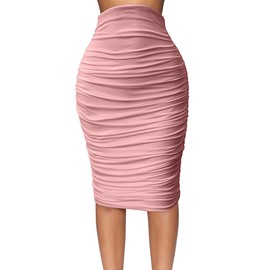 YMDUCH Women's Sexy Ruched Bodycon Elasticity Tight Casual Club Pencil Skirt Pink