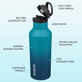 BJPKPK Insulated Water Bottle With Straw 17oz Stainless Steel Water Bottles With 2 Lids And Carry Handle Reusable Travel Metal Thermal Flask,Indigo Black